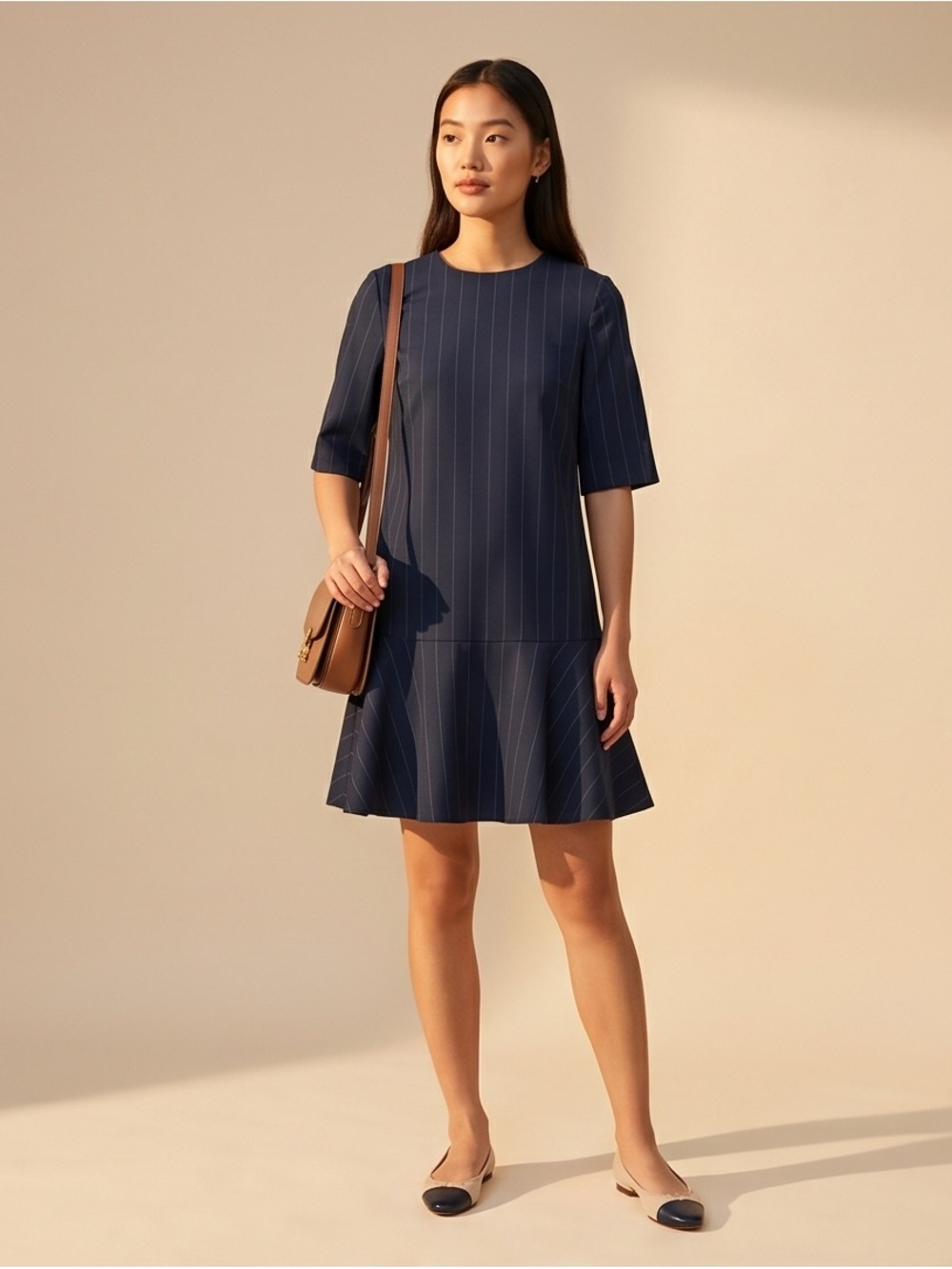 H&M Navy Pinstripe Short-Sleeve Drop Hem Mini Dress